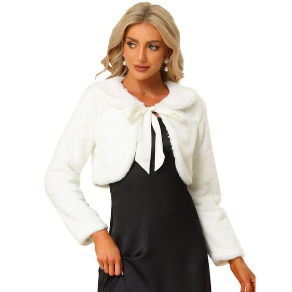 Faux Fur Bolero Shrug Crop Jacket Evening Bow Tie Front Fluffy Coat White - Picture 1 of 5